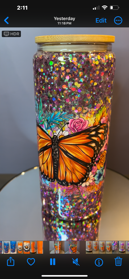 20 oz Glass Snow Globe Tumbler “Butterflies”