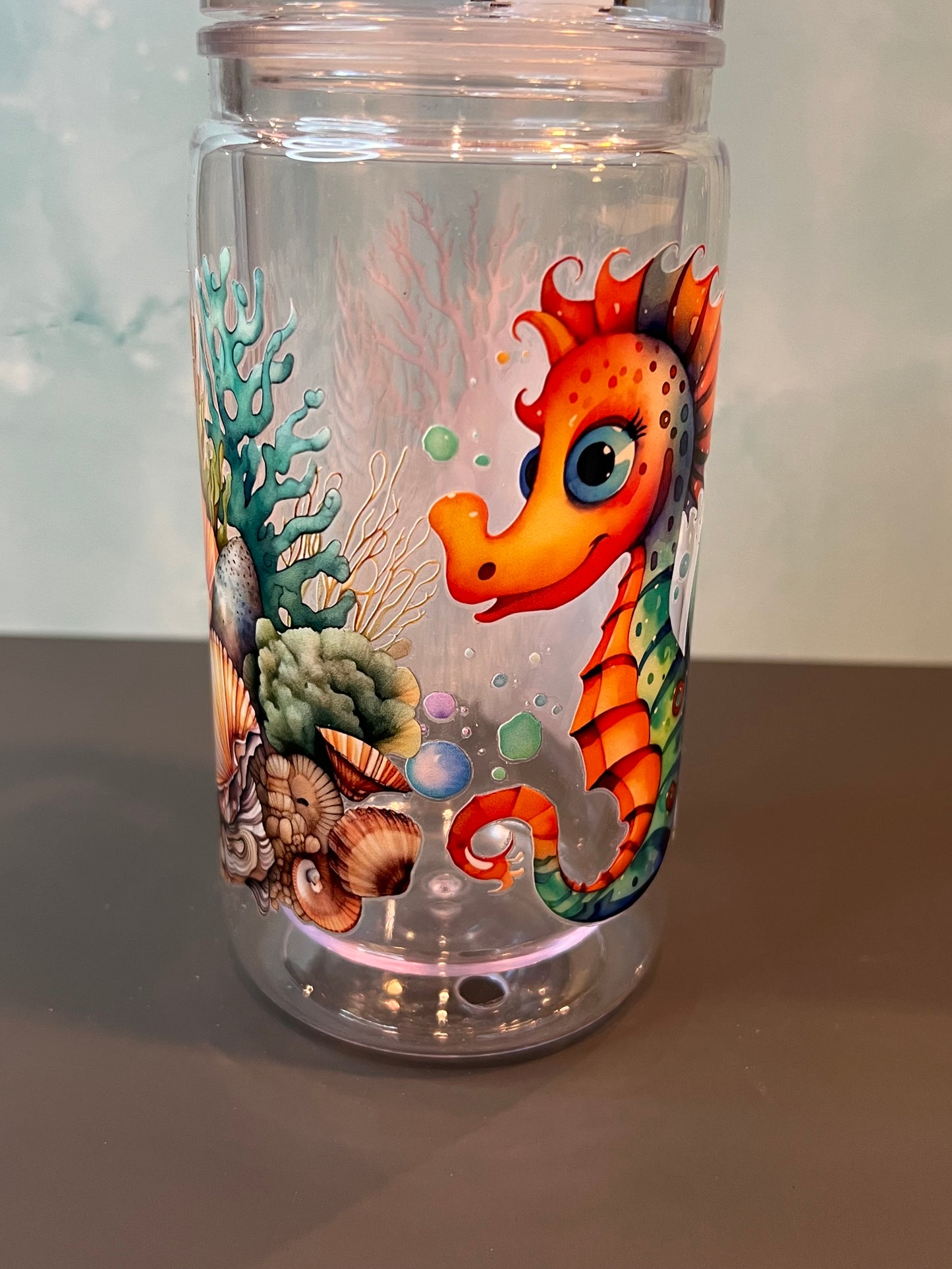 16 oz Acrylic Snow Globe Tumbler “Seahorse”