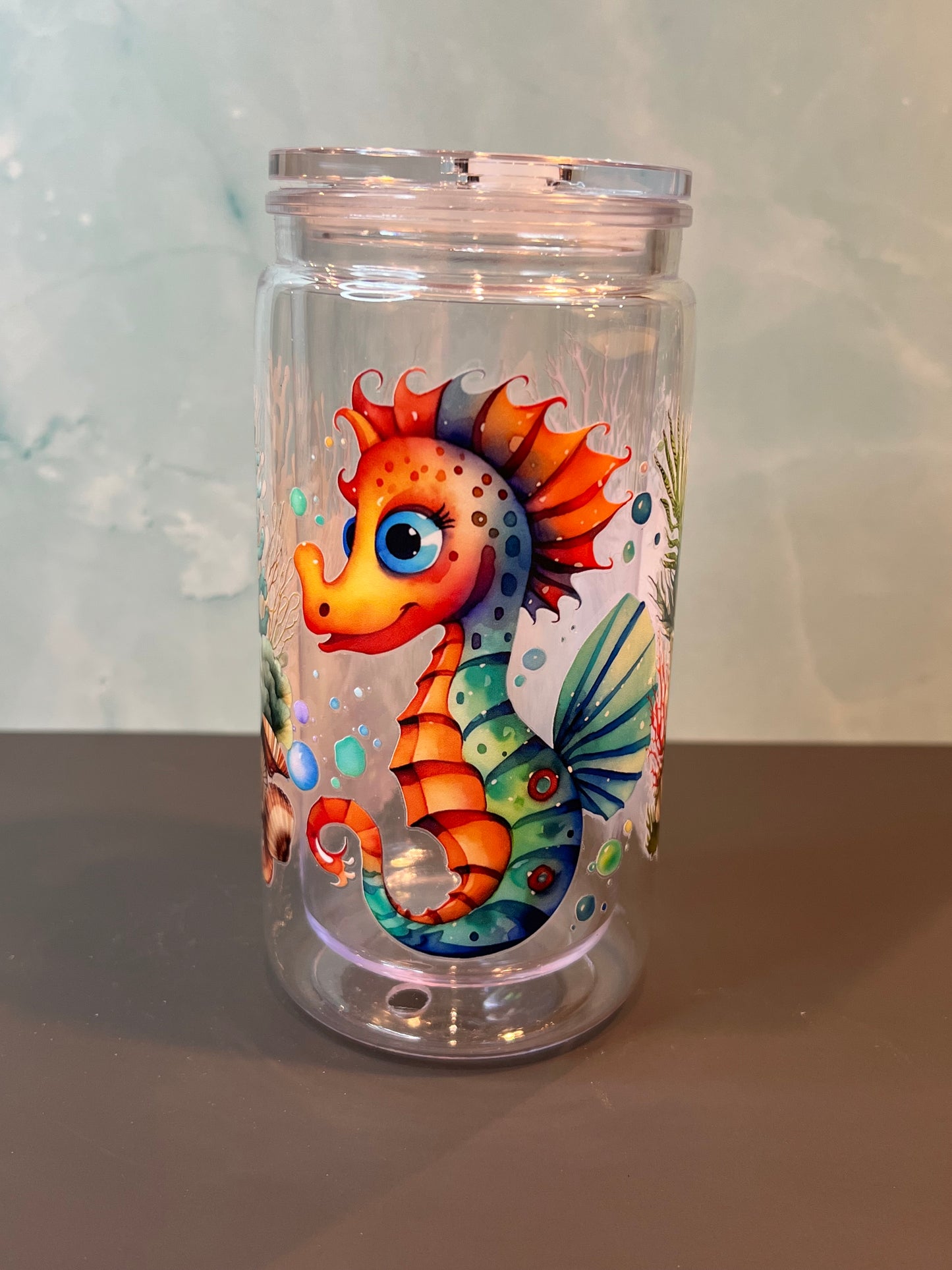 16 oz Acrylic Snow Globe Tumbler “Seahorse”