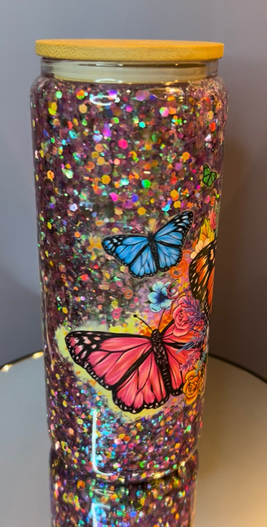 20 oz Glass Snow Globe Tumbler “Butterflies”