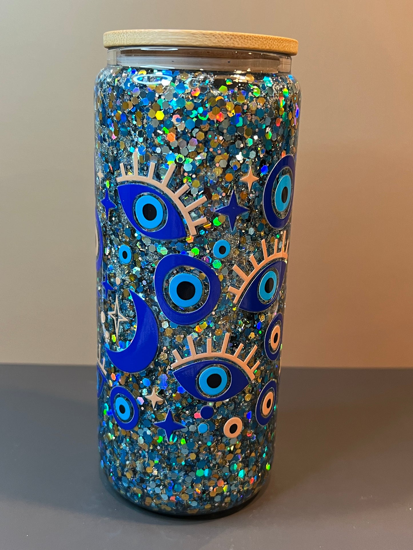 20 oz Glass Snow Globe Tumbler “Evil Eye”