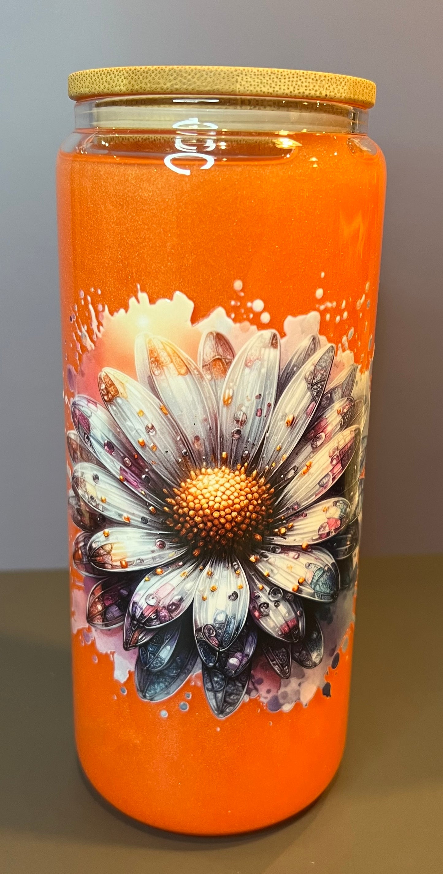 20 oz Glass Snow Globe Tumbler “Daisy - Shimmer”