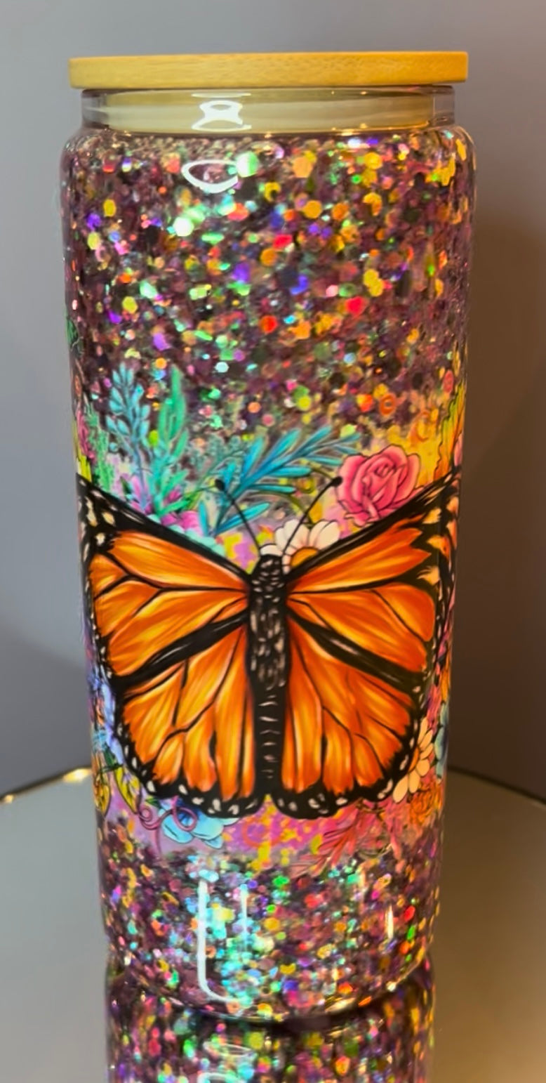 20 oz Glass Snow Globe Tumbler “Butterflies”