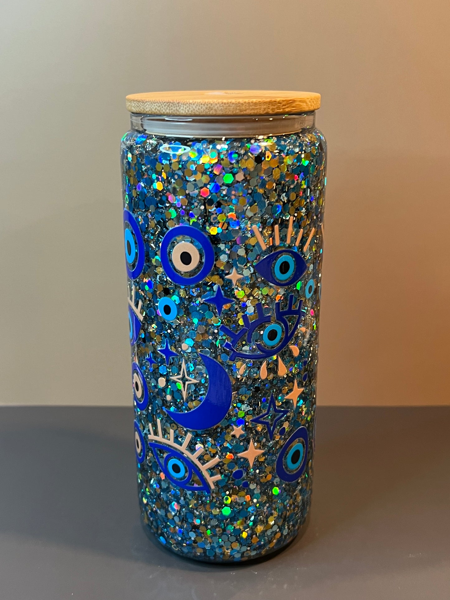 20 oz Glass Snow Globe Tumbler “Evil Eye”