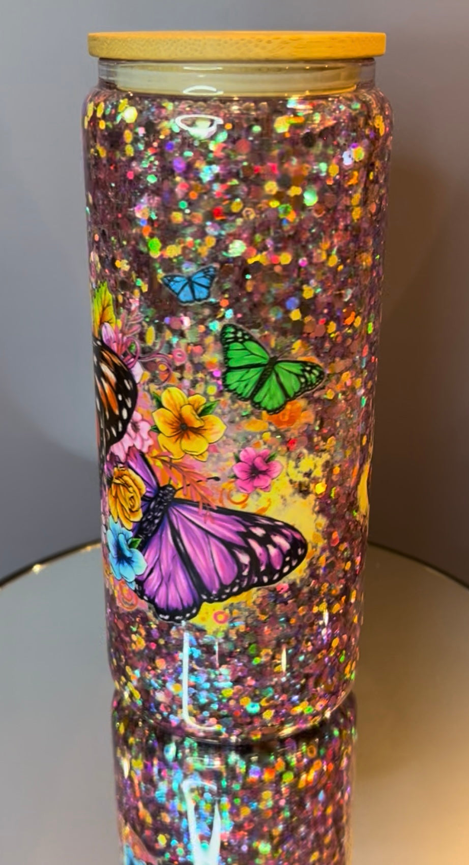 20 oz Glass Snow Globe Tumbler “Butterflies”