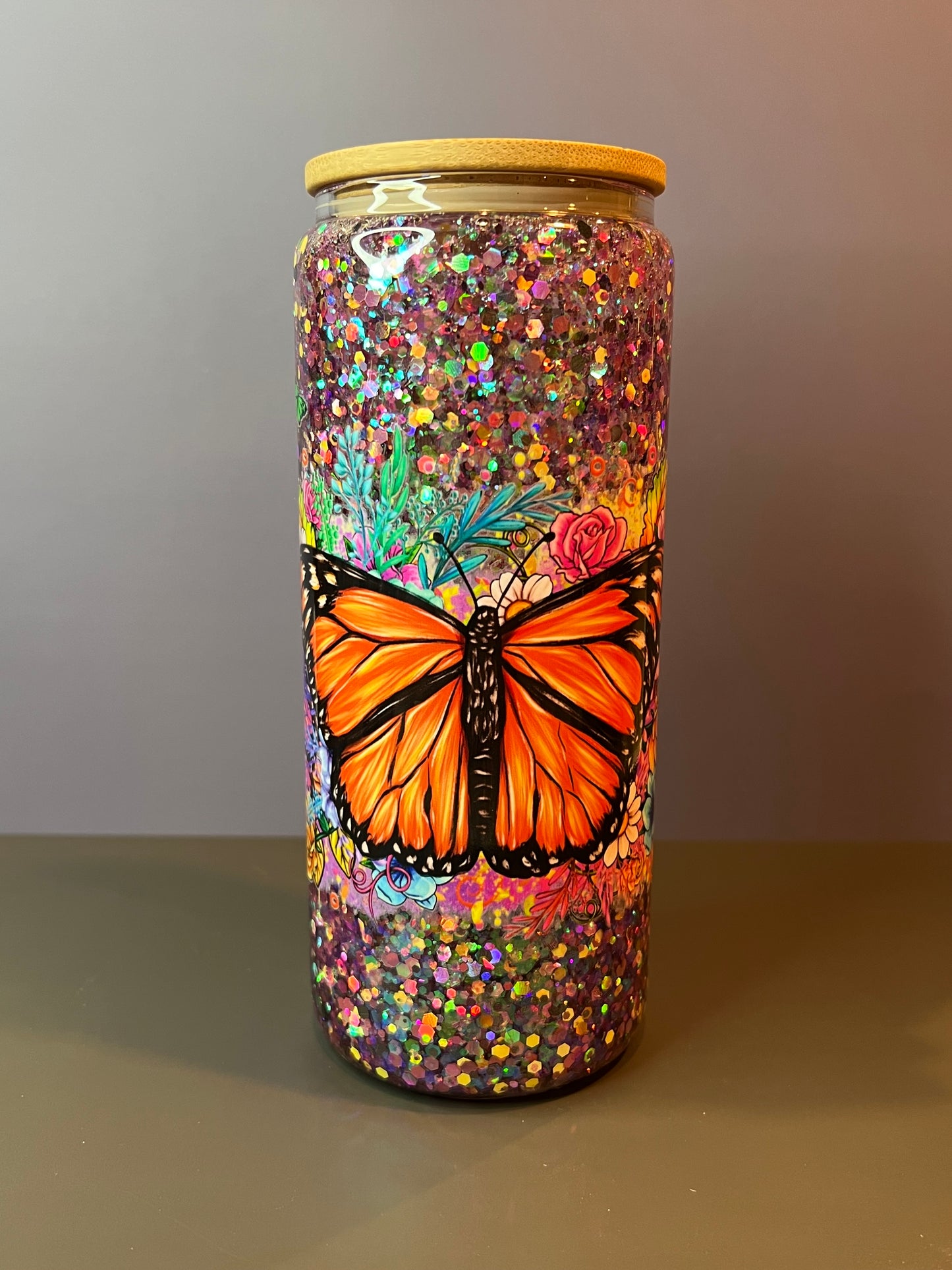 20 oz Glass Snow Globe Tumbler “Butterflies”